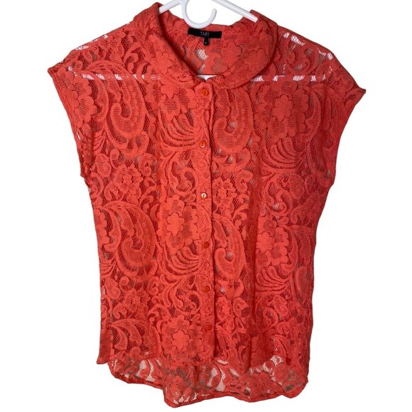 Tart M Coral Lace Button-Front Blouse Sheer Cap Sleeve Romantic Boho - Picture 1 of 7